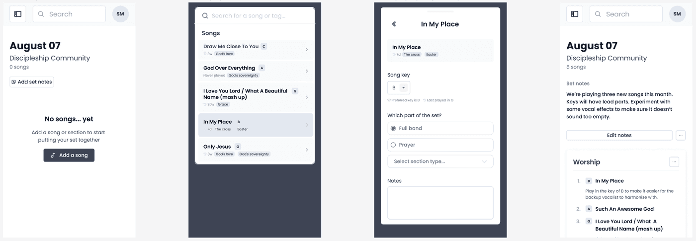 Figma prototype showing the flow for adding a song to a worship set.