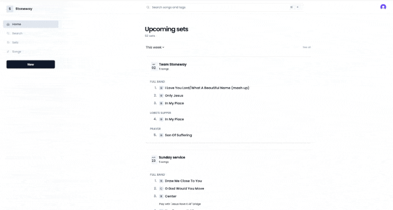 Desktop view of creating and managing a worship set in Sanbi.